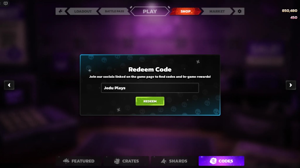 Killstreak redeem code menu showing the Codes tab and Redeem button
